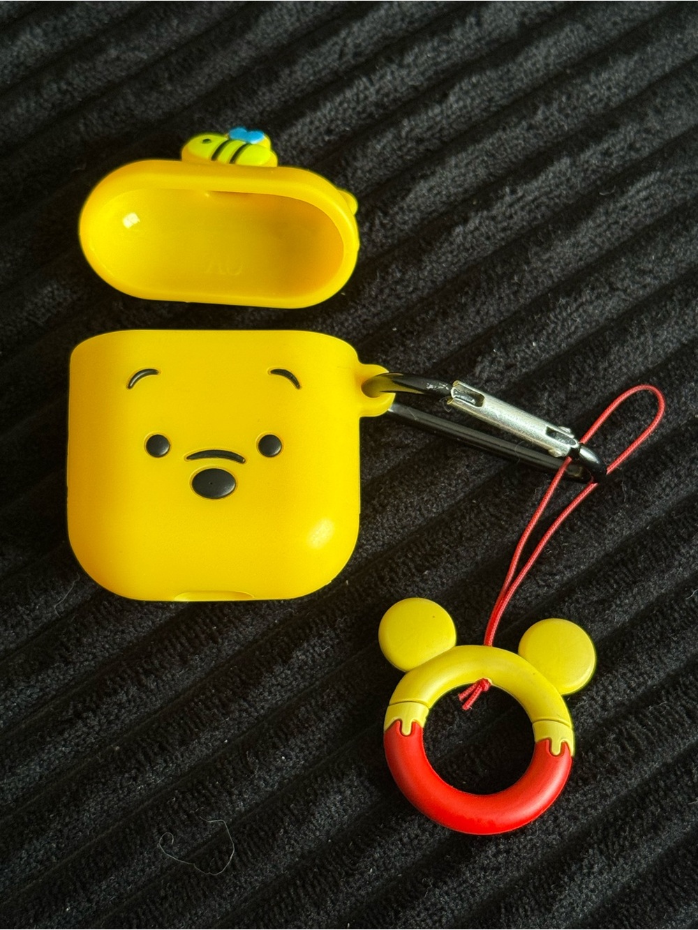Yellow Winnie the Pooh Silicone AirPods Case with Red Ring Charm Gen 1+2 - Picture 4 of 6
